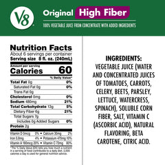 V8 High Fiber Original back label visible, gluten-free and no sugar added.
