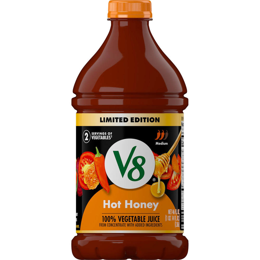 V8 Hot Honey bottle pour for a spicy-sweet sip and versatile kitchen use.