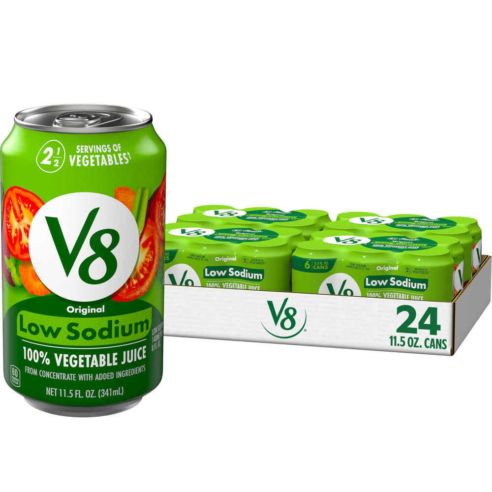 V8 Low Sodium Original can front view, convenient 24-pack for easy daily veggie boost