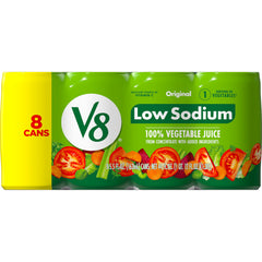 V8 Low Sodium Original can 5.5 oz on a counter highlights daily vegetable nutrients