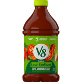 V8 Low Sodium Original Vegetable Juice bottle highlights savory flavor and veggie content for sipping