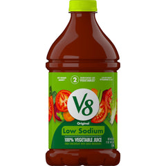 V8 Low Sodium Original Vegetable Juice bottle highlights savory flavor and veggie content for sipping
