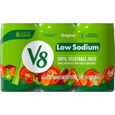 V8 Low Sodium can front view highlighting convenient veggie source.