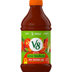 V8 Low Sodium Spicy Hot bottle front label highlighting veggie goodness