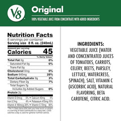 V8 Original bottle pour illustrating savory veggie juice in a glass