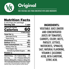 V8 Original can back label, gluten-free veggie blend for quick meals.