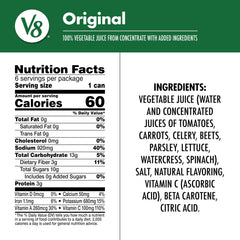 Close-up nutrition panel on V8 Original highlighting vitamins A and C.