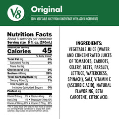 V8 Original 100% Vegetable Juice being poured over ice for a refreshing breakfast.