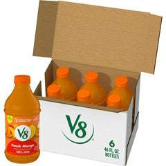 V8 Peach Mango 100percent juice bottle six-pack, a convenient plant-based refreshment.