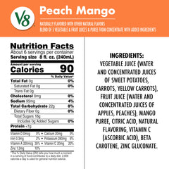 V8 Peach Mango bottle nutrition panel highlighting vitamins A and C