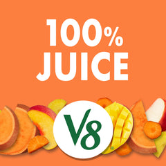 V8 Peach Mango ingredients spotlight features mangos, peaches, and carrots.