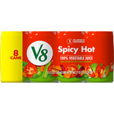 V8 Spicy Hot vegetable juice can label shows eight-vegetable blend for daily veggies.