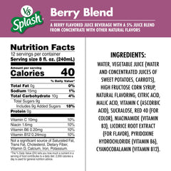V8 Splash Berry Blend label details highlight 5% juice and vitamins