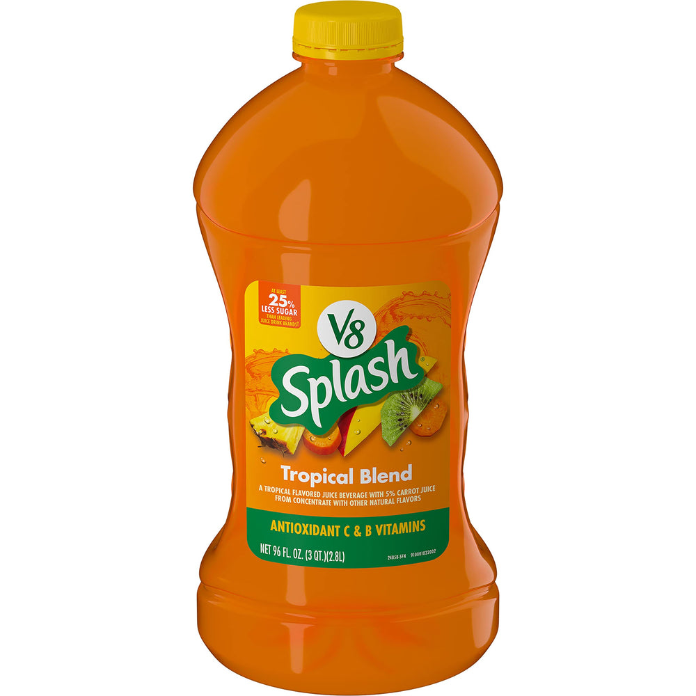 V8 Splash Tropical Blend bottle front showing tropical juice for family refreshment.