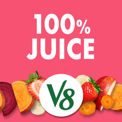 V8 ingredients label with beets, carrots, apples, strawberries, and bananas