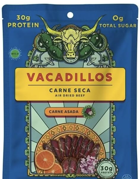 Vacadillos Carne Seca air-dried beef bag with bold Carne Asada flavor for on-the-go snacking.