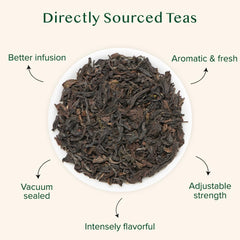 VAHDAM loose tea closeup highlights delicate leaves and floral-fruity notes ready for brewing.