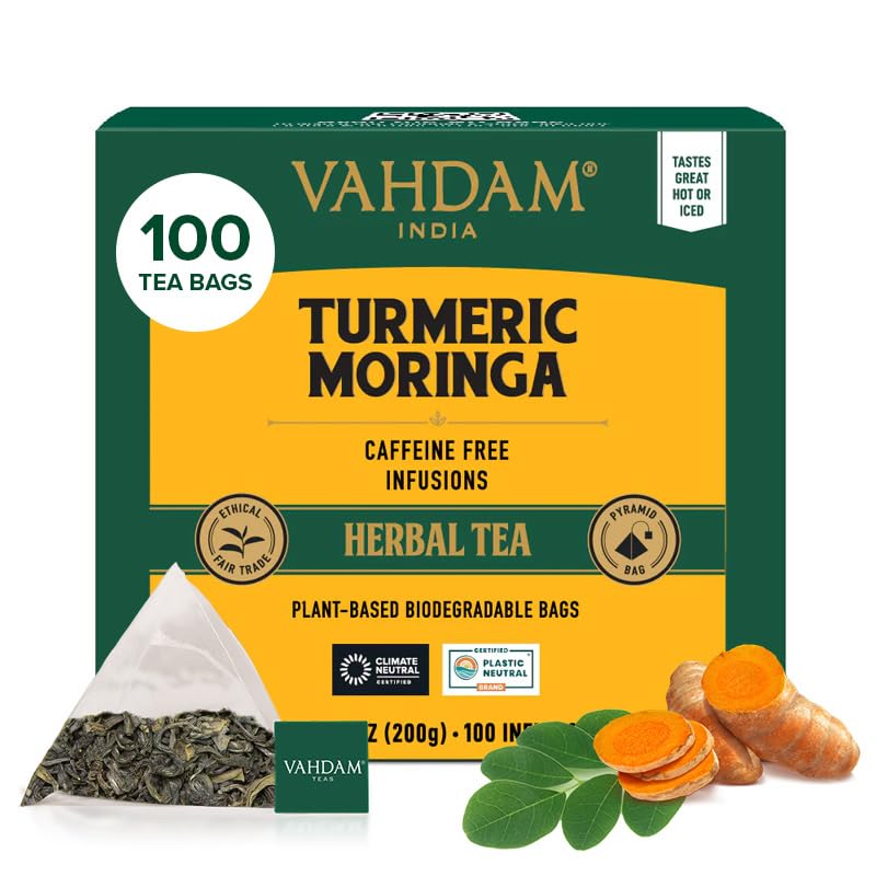 VAHDAM turmeric moringa tea bags shown for easy caffeine-free sipping.