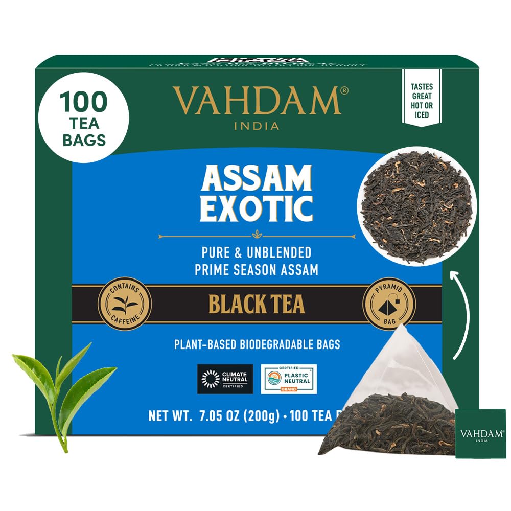 VAHDAM Assam Exotic Black Tea Bags 100-count packaging showing bold flavor