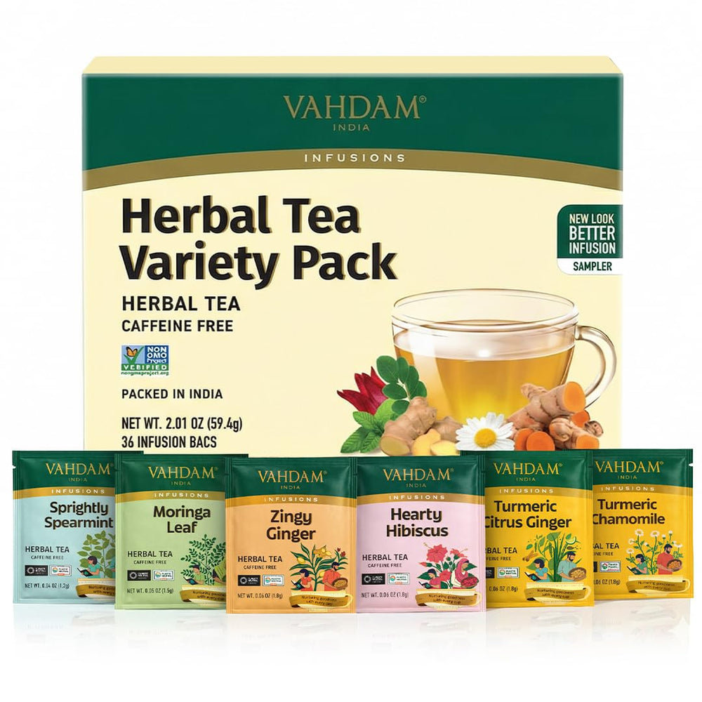 VAHDAM Assorted Herbal Tea Gift Set 36 bags, six flavors for everyday moments.