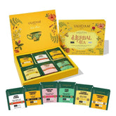 VAHDAM Assorted Herbal Tea Packaging displays six flavors, ideal for gifting and tasting.