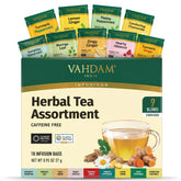 VAHDAM assorted herbal tea sampler packaging invites discovery of nine flavorful options for daily sipping