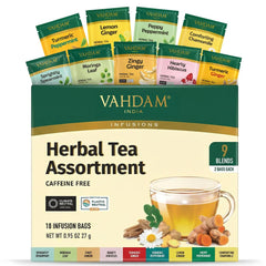 VAHDAM assorted herbal tea sampler packaging invites discovery of nine flavorful options for daily sipping