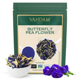VAHDAM Butterfly Blue Pea Tea loose leaf offers vibrant color and floral aroma for beverages.