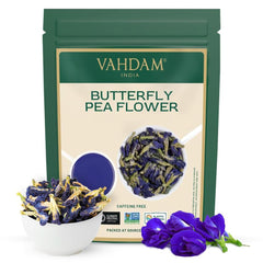 VAHDAM Butterfly Blue Pea Tea loose leaf offers vibrant color and floral aroma for beverages.