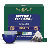 VAHDAM butterfly pea tea bags front view showing pyramid sachets for full flavor release