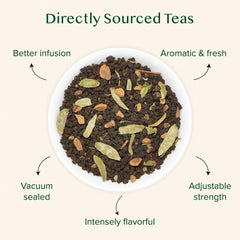 VAHDAM Masala Chai with cardamom and cinnamon aromatics provide warming notes.