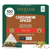 VAHDAM Cardamom Masala Chai tea bags packaging highlights freshness and convenience.