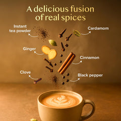 VAHDAM Chai Latte cup with steam highlighting creamy texture and warm fragrance