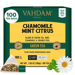 VAHDAM chamomile mint citrus green tea bags in a resealable pouch for freshness