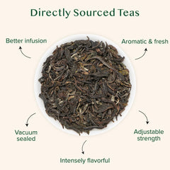 VAHDAM Darjeeling tea leaves close-up shows bright, floral flavor potential.