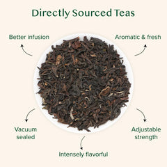 VAHDAM Darjeeling loose leaf ready for brewing a fragrant cup.