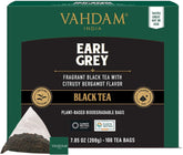 VAHDAM Earl Grey tea bags showing bergamot notes for a citrusy lift in a mid-caffeine cup