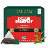 VAHDAM English Breakfast tea bags with pyramid design for fuller infusion and flavor.