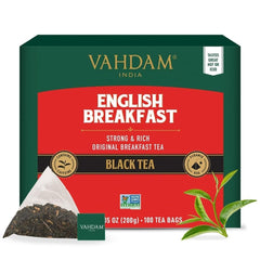 VAHDAM English Breakfast tea bags with pyramid design for fuller infusion and flavor.