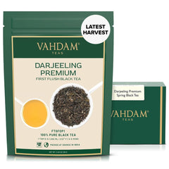 VAHDAM First Flush Darjeeling loose-leaf tea with fresh aroma.