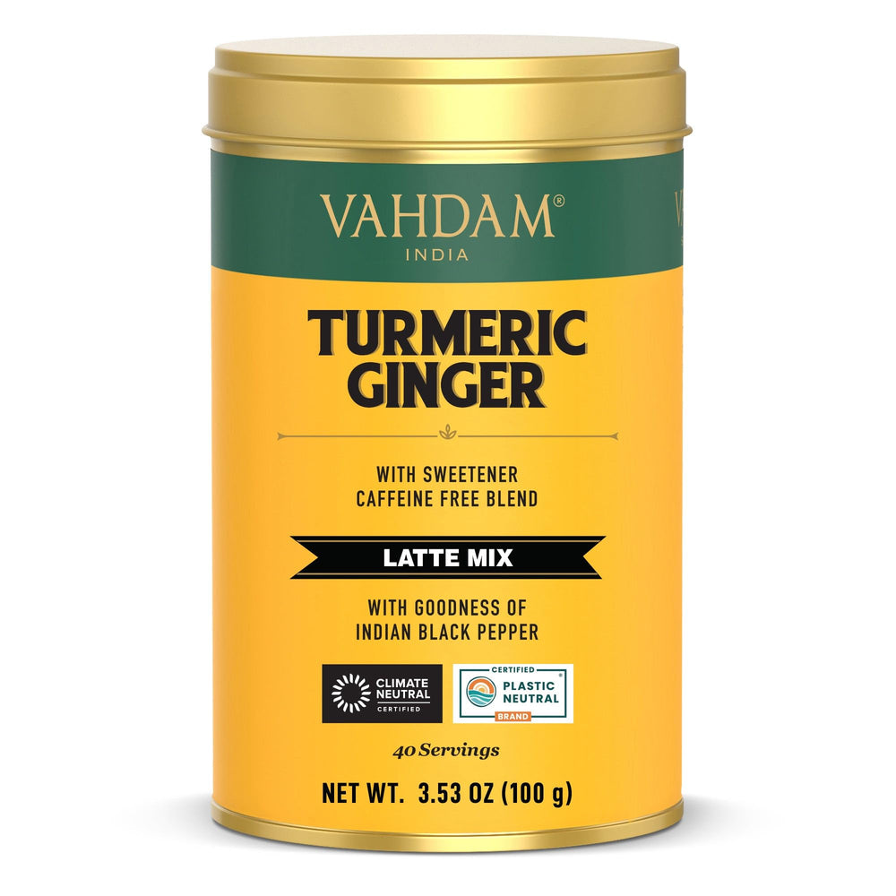 VAHDAM Golden Milk Powder in a jar, ready to brew a cozy latte.