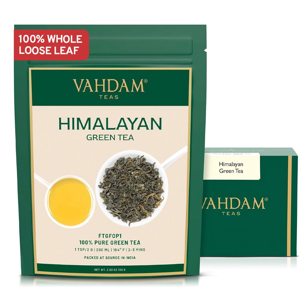 VAHDAM Himalayan Green Tea leaves loose-leaf in a bowl with bright aroma