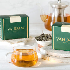 VAHDAM Imperial White Tea vacuum-sealed bag emphasizes lasting freshness and aroma.