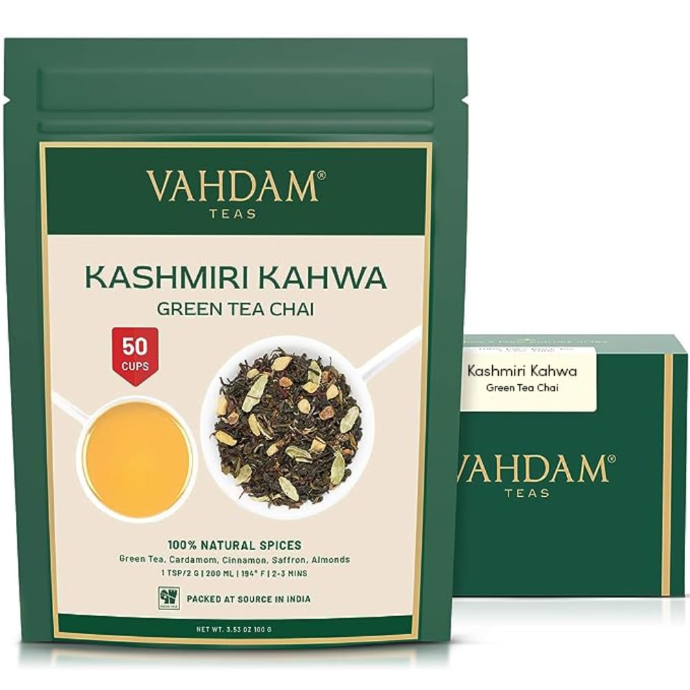 VAHDAM Kashmiri Kahwa Tea packaging close-up highlighting vacuum-sealed freshness.