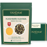 VAHDAM Kashmiri Kahwa Tea packaging close-up highlighting vacuum-sealed freshness.