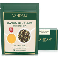 VAHDAM Kashmiri Kahwa Tea packaging close-up highlighting vacuum-sealed freshness.