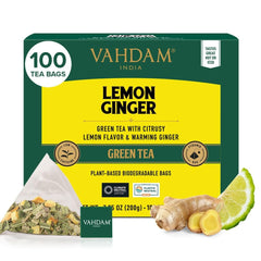 VAHDAM packaging with resealable pouch on Lemon Ginger tea bags for freshness.