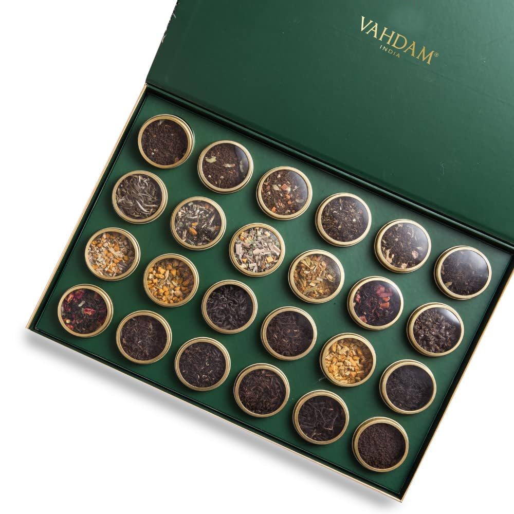 VAHDAM luxury tea gift set with 24 varieties in elegant tin caddies for gifting