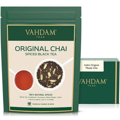 VAHDAM Masala Chai loose-leaf close-up highlighting fresh spices for a bold morning brew.