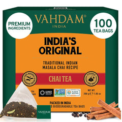 VAHDAM Masala Chai tea bags in packaging highlighting freshness and authenticity
